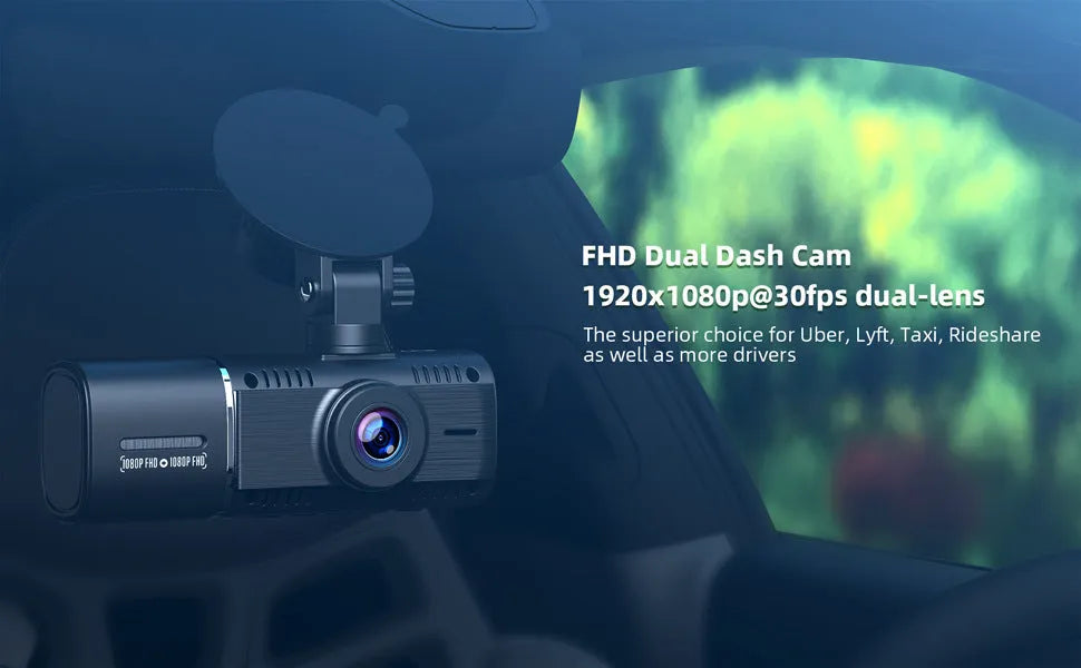 Black 1080p dual recording car dash camera with 1.5 inch screen on a windscreen stand.