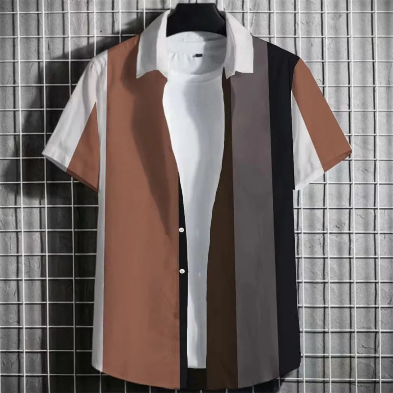 Men's striped linen t-shirt with 3D printing pattern in short sleeve design