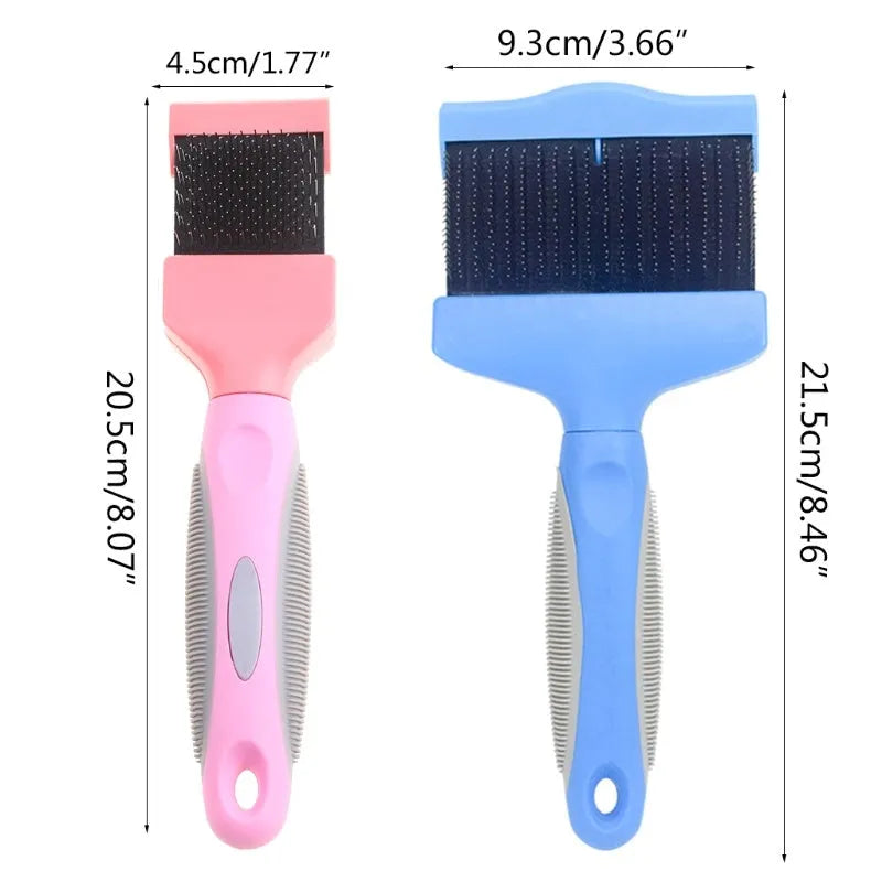 Blue double sided pet brush for dogs with stainless steel pins on a white background