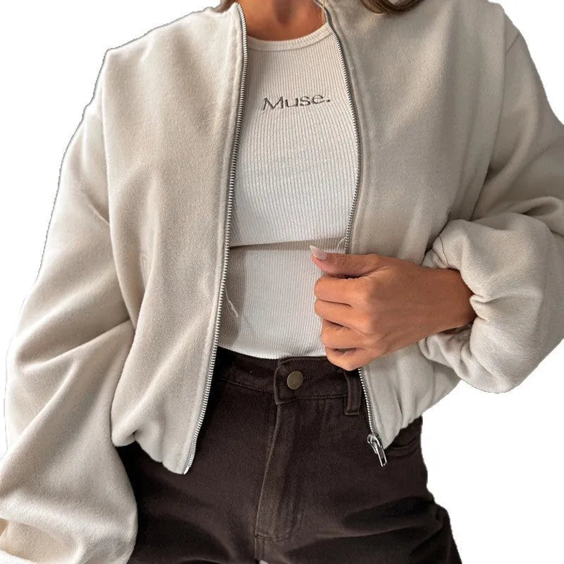 Women's off-shoulder round neck short coat with lantern sleeves in polyester fabric