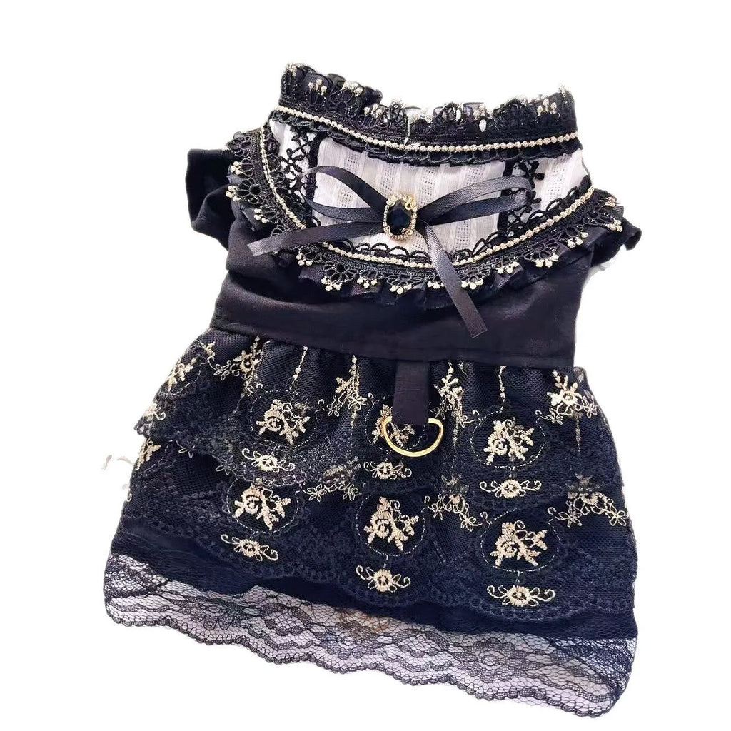 Golden Gothic princess skirt costume for a small dog or cat on a mannequin