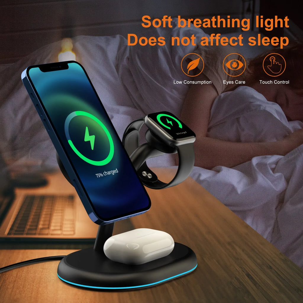 Black ABS plastic 3-in-1 magnetic wireless charging stand for phone, watch and earbuds.