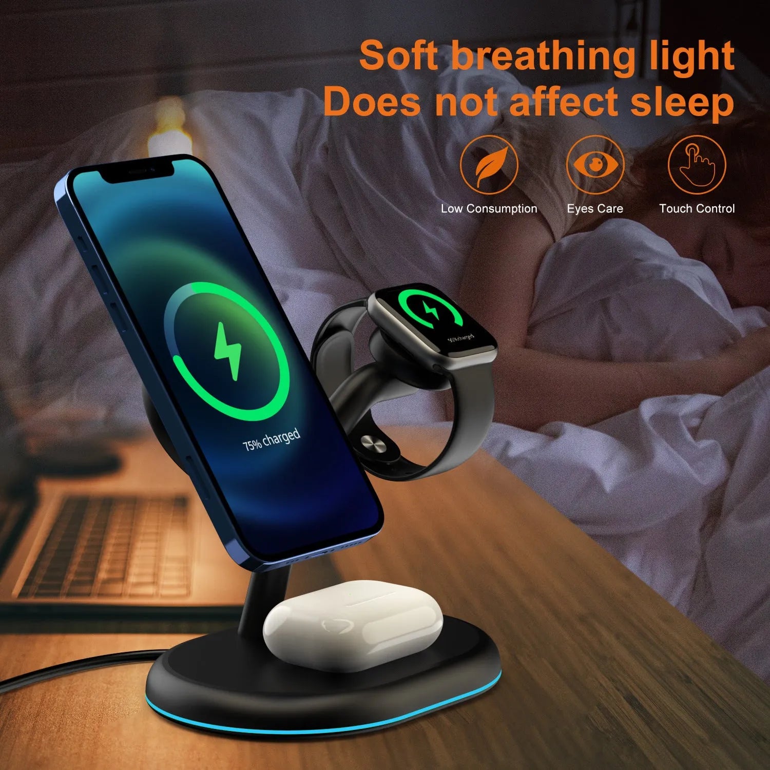 Black ABS plastic 3-in-1 magnetic wireless charging stand for phone, watch and earbuds.