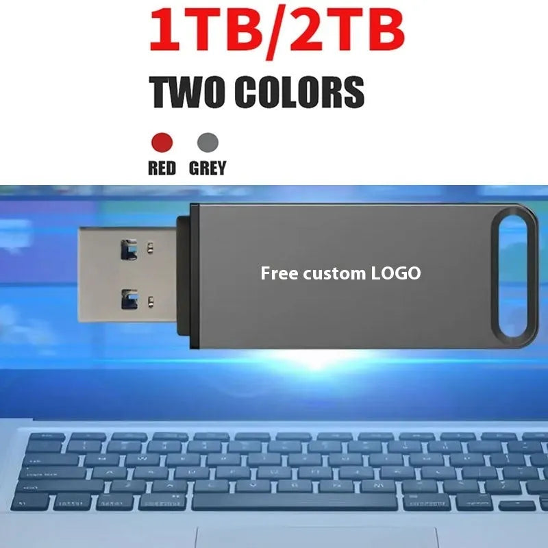 Customisable metal USB flash drive in black, red, or silver colours showing high storage capacity options
