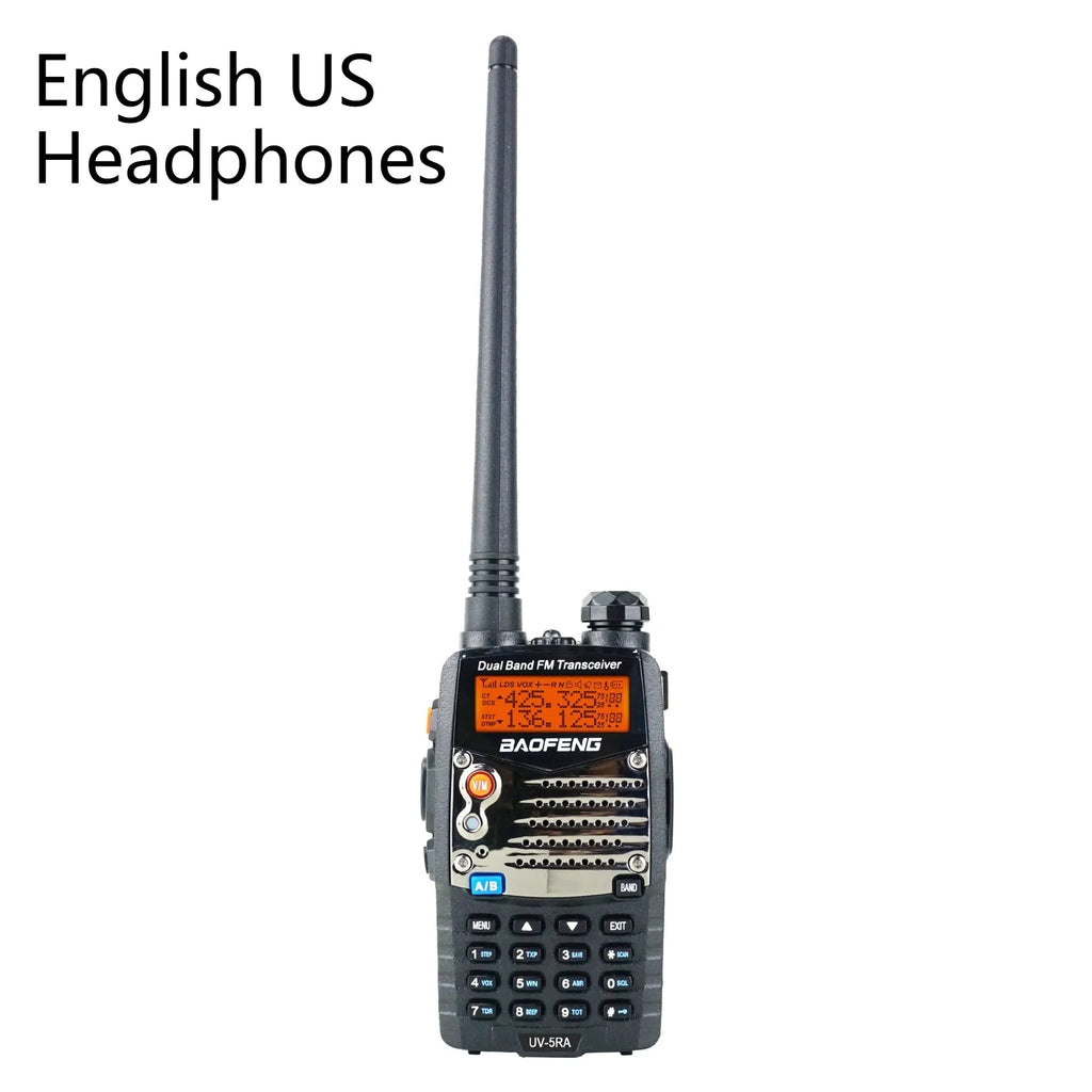 Baofeng UV-5RA handheld dual-band two-way radio with dual display.