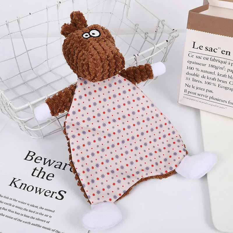 Brown and orange soft velvet pet stuffed toys shaped as an elephant and a fox for cats and dogs.
