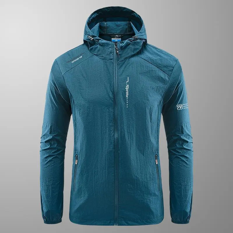 Men's thin nylon hooded summer top in light grey on a hanger