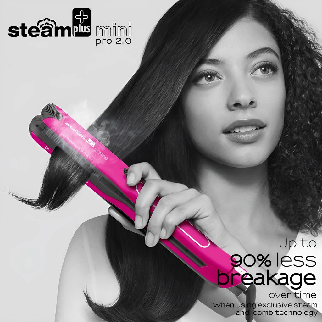 Mini steam hair straightener in champagne colour with steam vents and styling plates