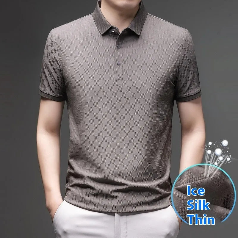 Rhombus thin Ice Silk short sleeve T-shirt with side slit detail in black, green, or brown.