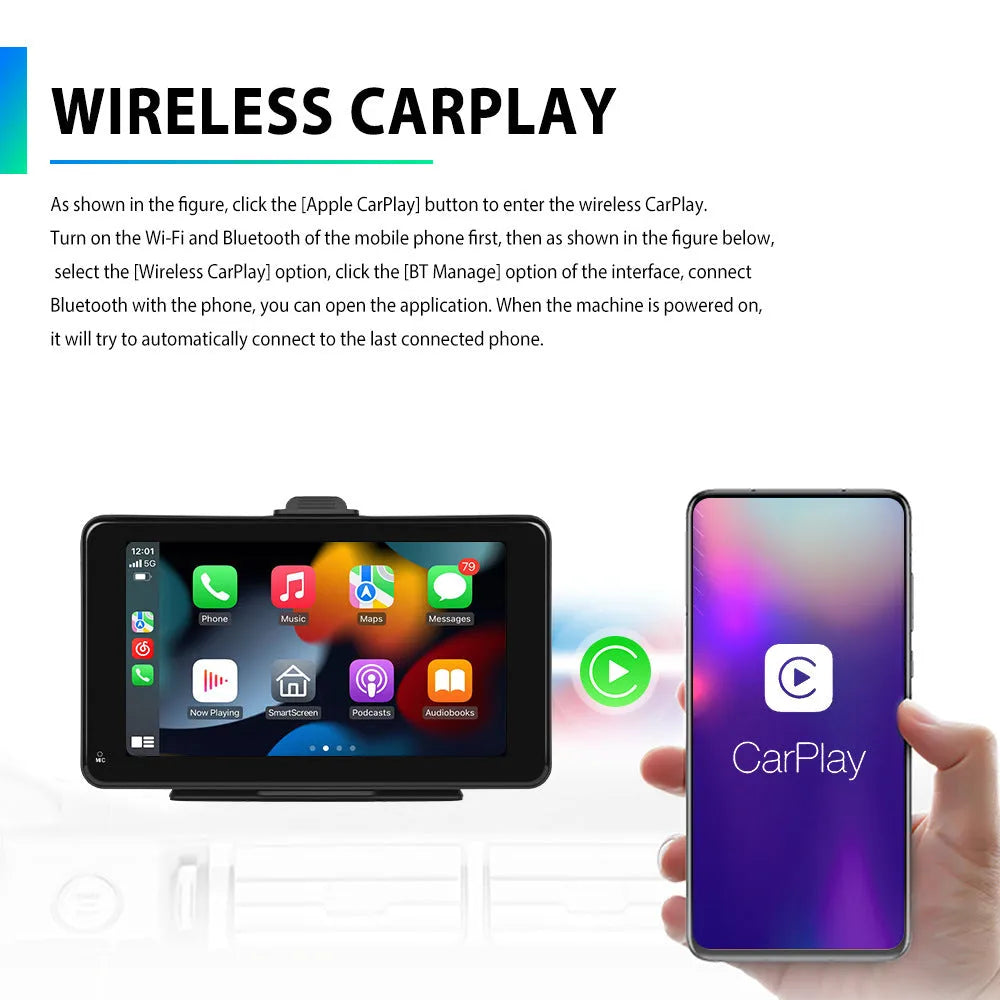 7-inch HD wired band wireless player with screen displaying interface, includes vertical and suction cup mounting supports
