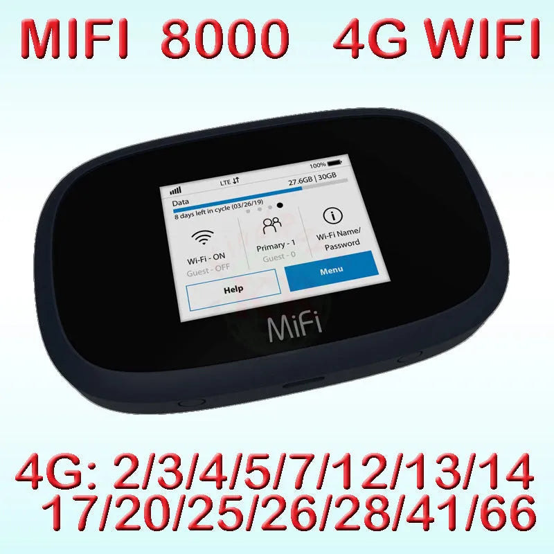 Black mifi8000 4G portable wireless router with battery and cable on a white background.