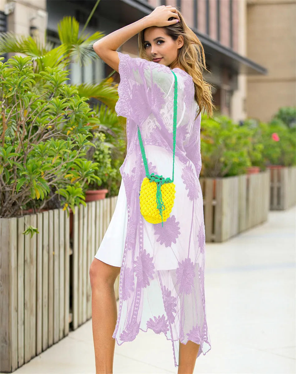Light purple beach cover-up dress with lace embroidery details and free size fit