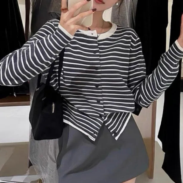 Women's dark grey and white striped cardigan coat with French style slim fit design
