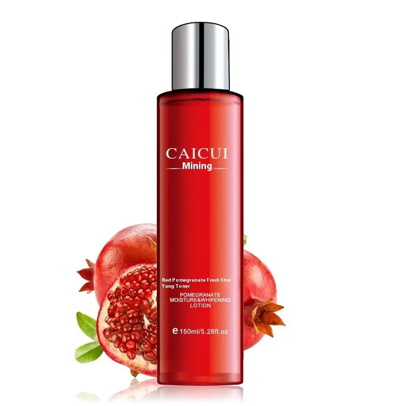 Red packaging for a four-piece pomegranate skincare set containing face wash, toner, lotion, and facial cream.