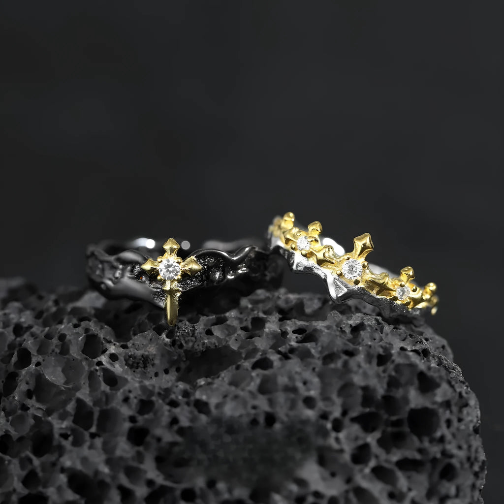 Princess Knight adjustable silver ring with white gold or black gold electroplated finish.