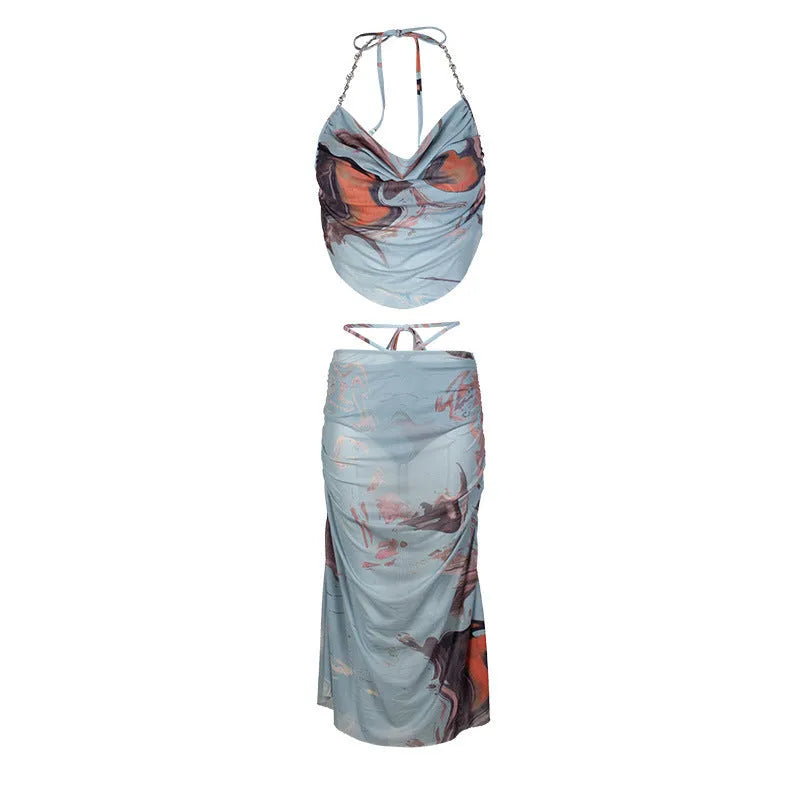 Blue women's three-piece bikini set with diamond chain split design and backless briefs