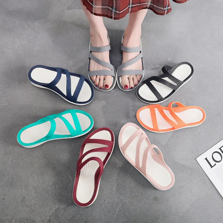 Women's solid colour casual sandals with a breathable PP upper in red, purple, blue, black, grey or pink.