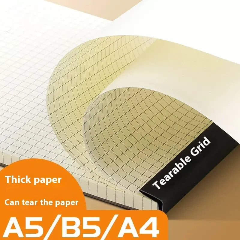 A5, B5, and A4 writing pads with paper covers showing blank, grid, and lined page options