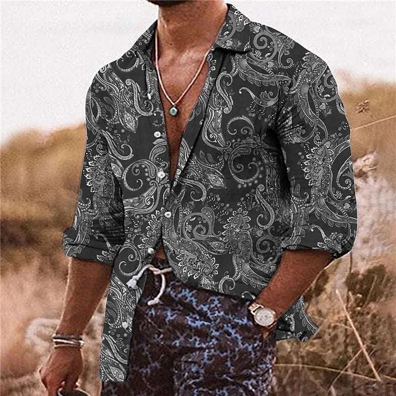 Men's loose fit shirt with 3D floral pattern printing, long sleeves, business casual styling