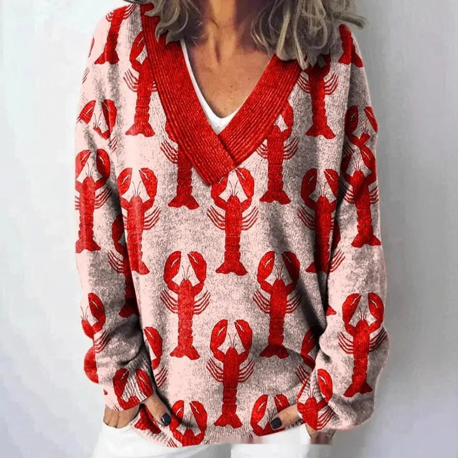Women's V-neck sweatshirt with a white background and a textured 3D floral printed pattern.