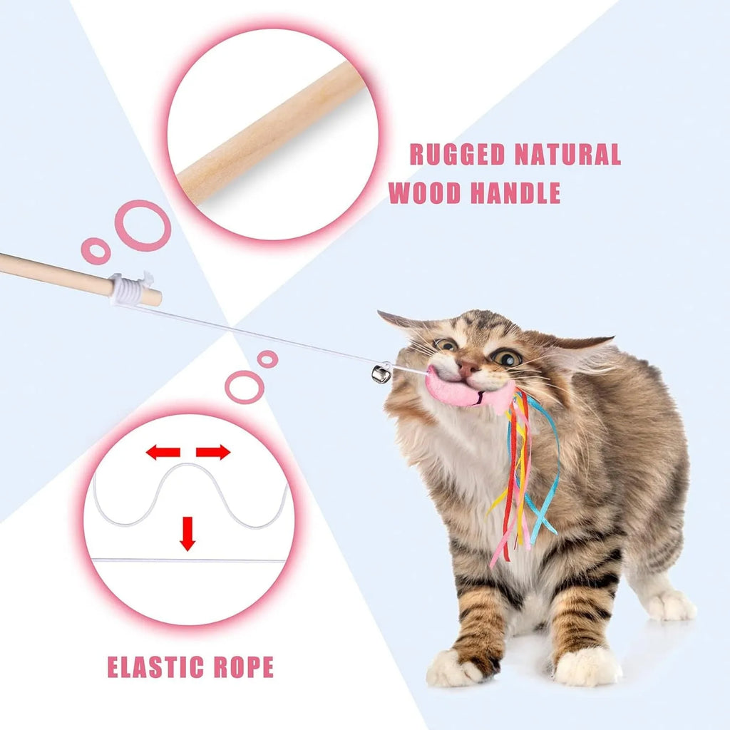 Cat wand toy with wooden handle, elastic rope, colourful ribbons, catnip fish, and bell attachment