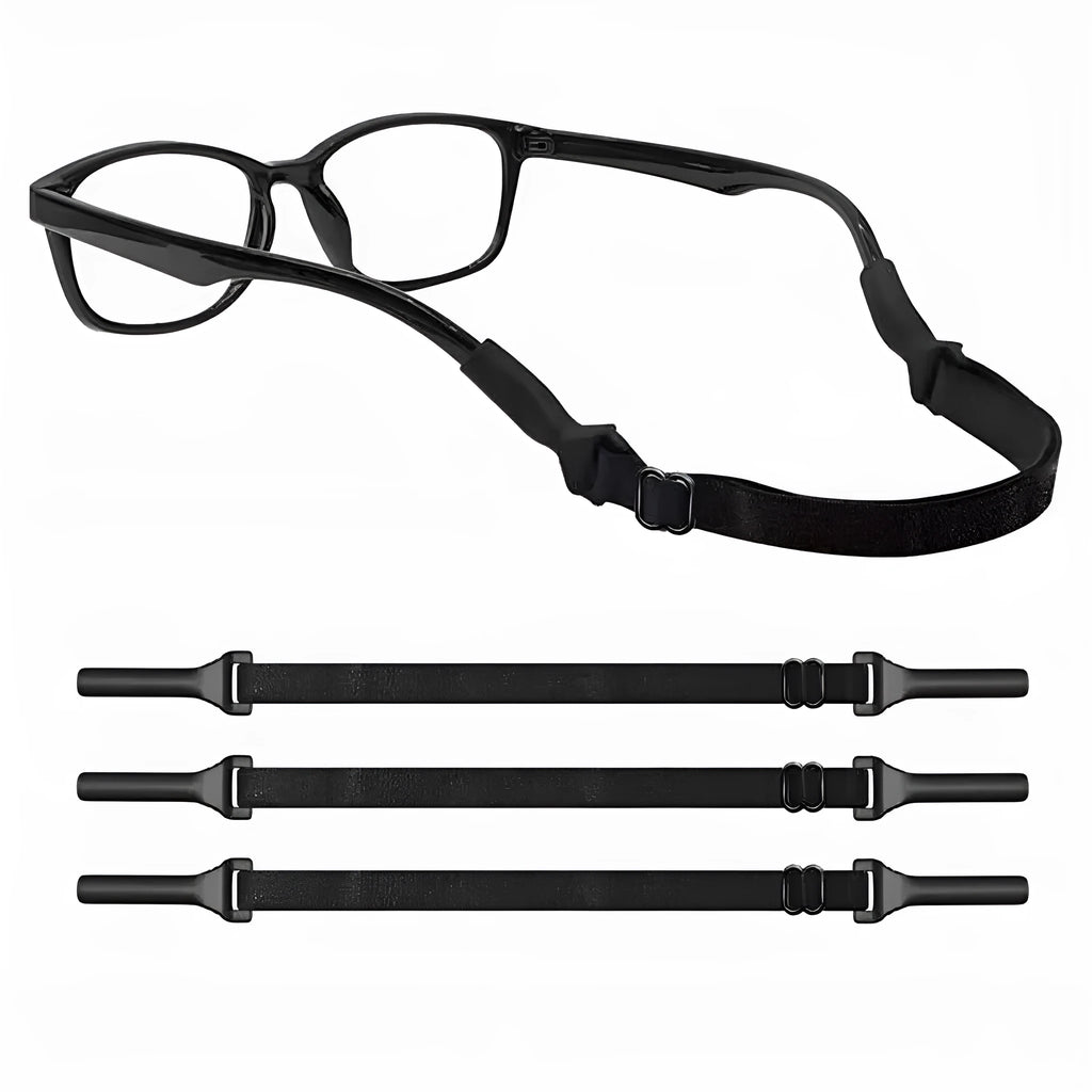 Black adjustable glasses cord with silicone tips attached to eyewear earpieces