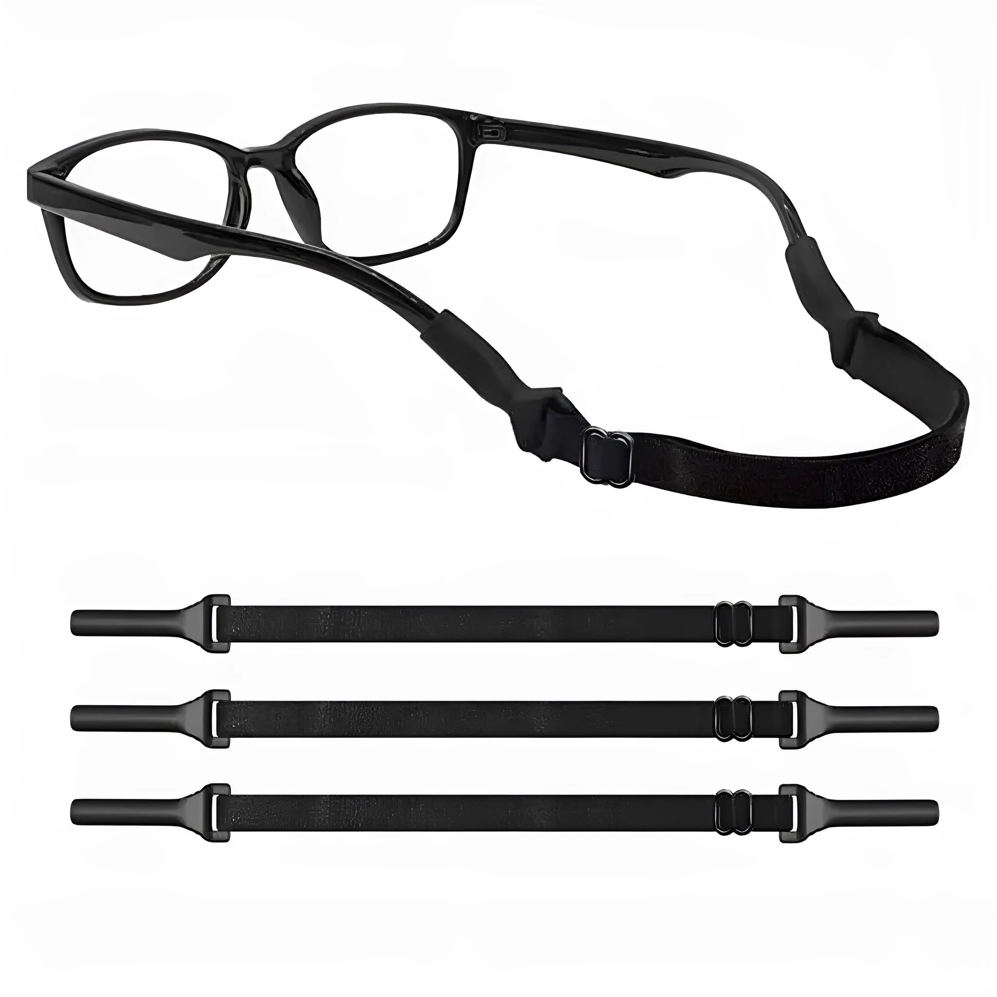 Black adjustable glasses cord with silicone tips attached to eyewear earpieces
