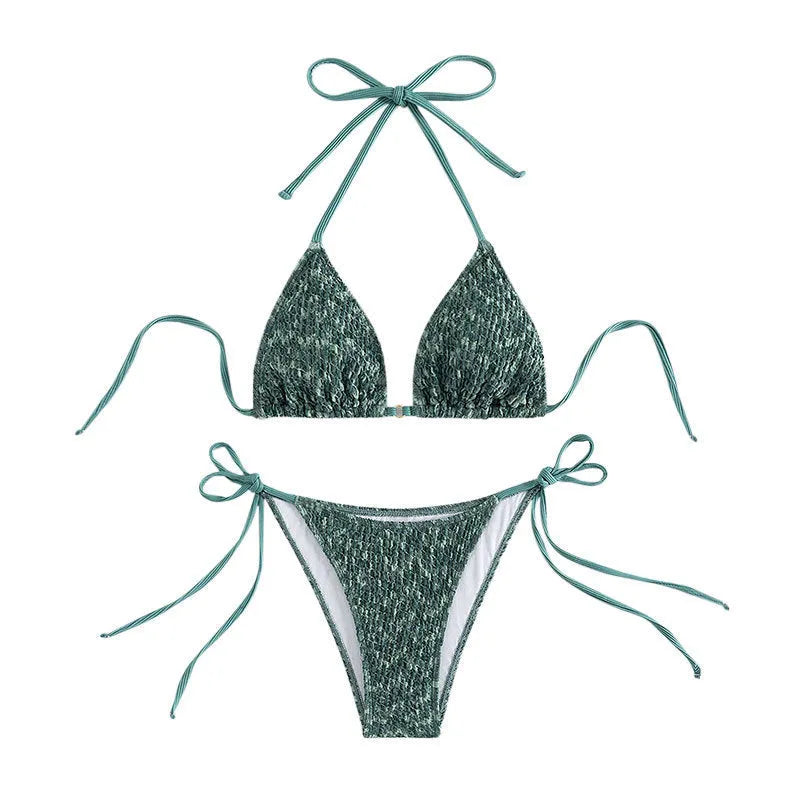 Women's green and pink backless halter swimsuit set with three-point straps