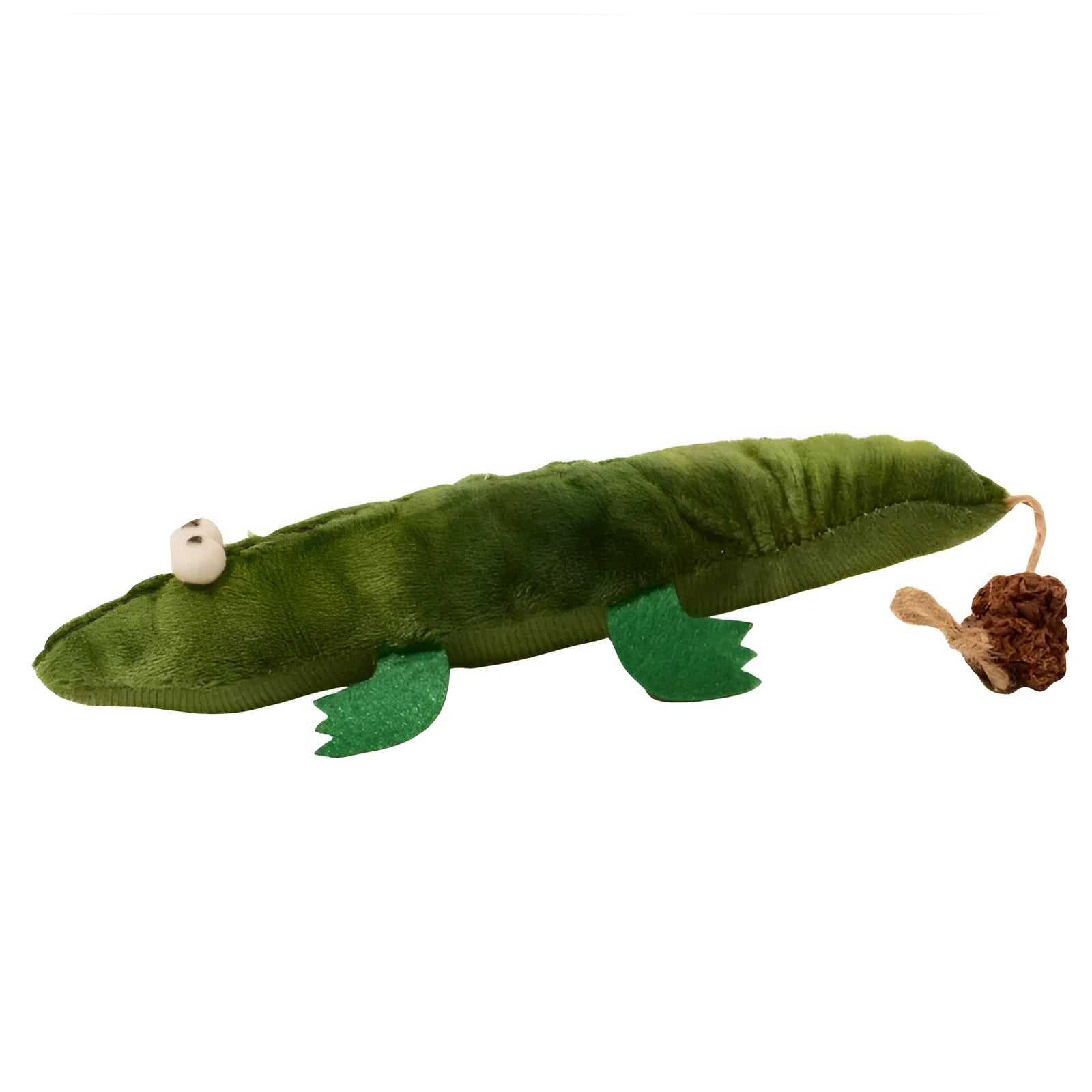 Green plush alligator catnip toy with plant-based materials and peppermint scent for feline oral cleansing