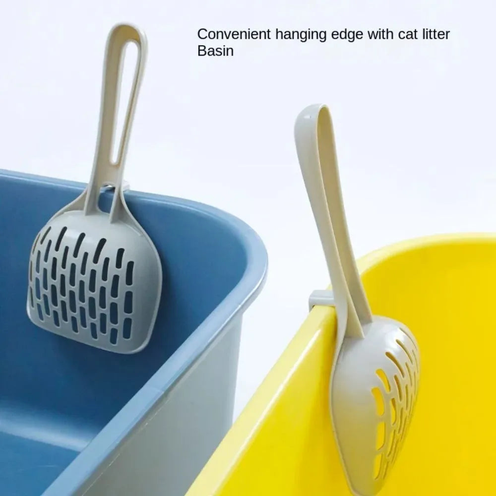 Grey plastic cat litter scoop with integrated base for self-cleaning convenience