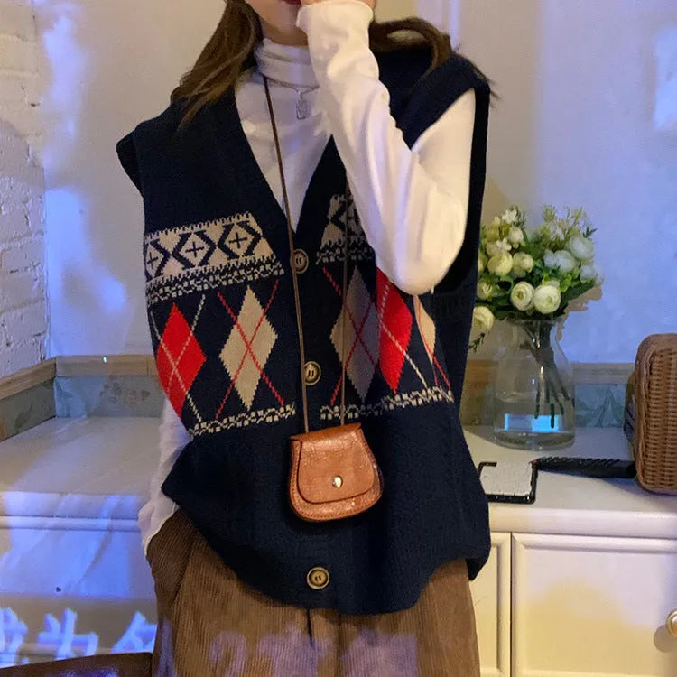 Women's loose sleeveless cardigan with diamond plaid pattern in acrylic fibre