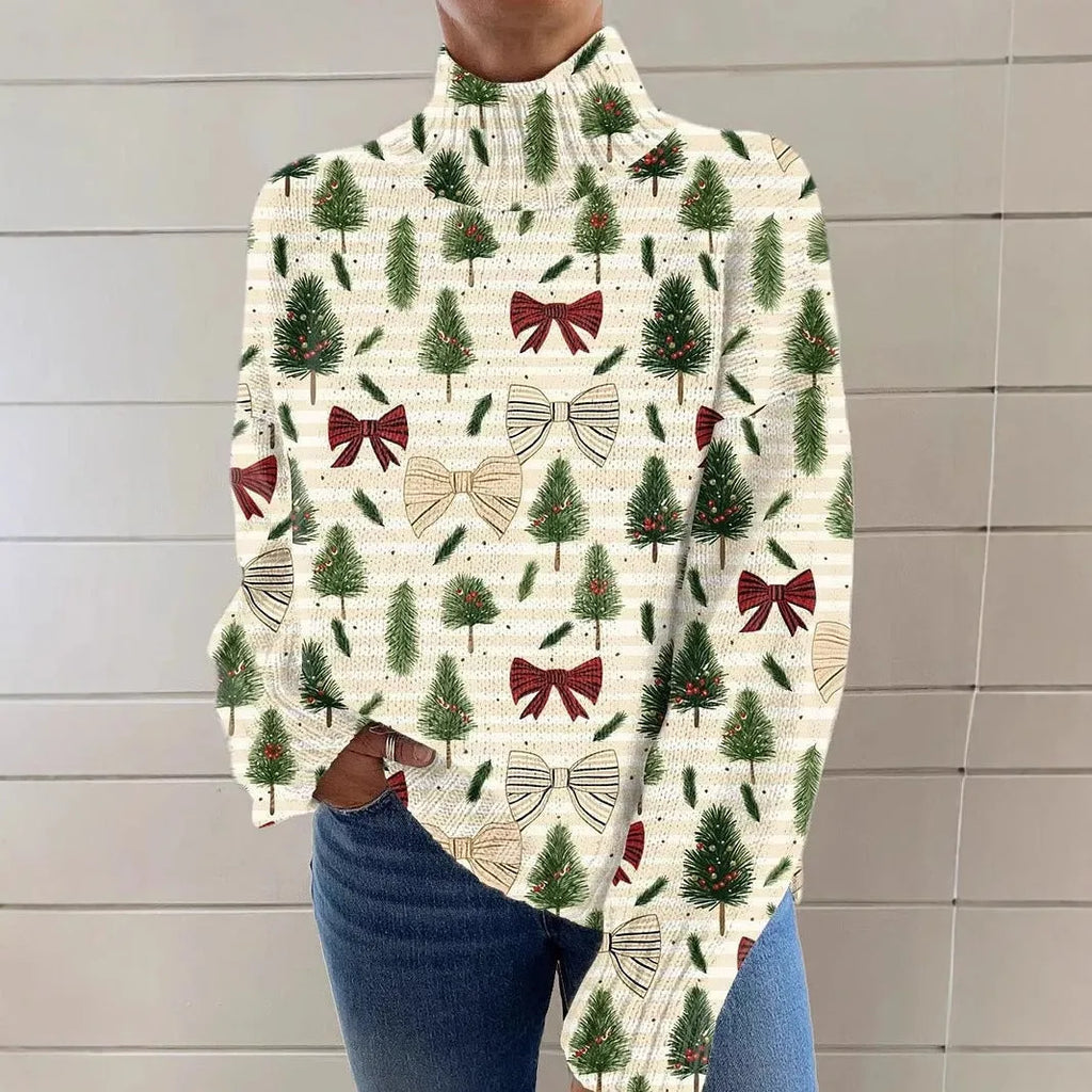 Women's Christmas printed turtleneck sweater with painting pattern in thick needle polyester fabric