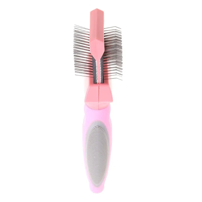 Blue double sided pet brush for dogs with stainless steel pins on a white background