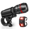 Bicycle headlight and taillight set with a black mounting bracket on a handlebar