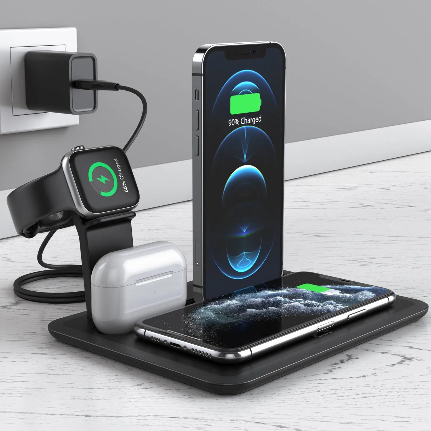 Desktop wireless phone charger with watch and headphone charging outputs in black or white