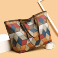 Women's large capacity PVC handbag in blue brown colour with sandwich pocket design and shoulder strap