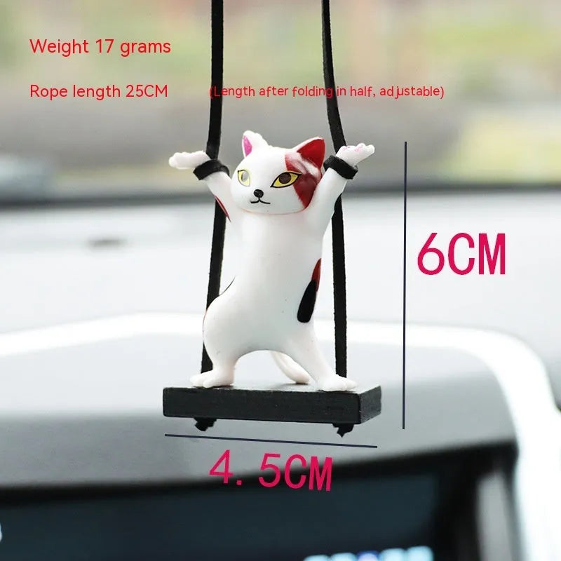 Cartoon-style resin cat pendant for car interior with adjustable rope