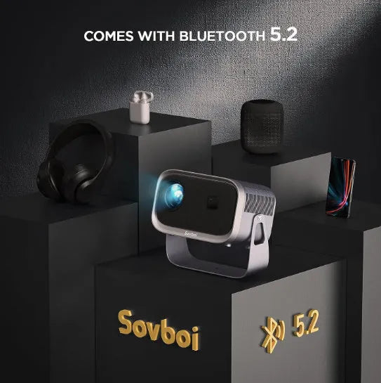 Portable smartphone projector showing 1080p HD display, compatible with Android 4K system.