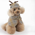 Camel-coloured cotton pet cloak with an adjustable hat shown on a model dog.