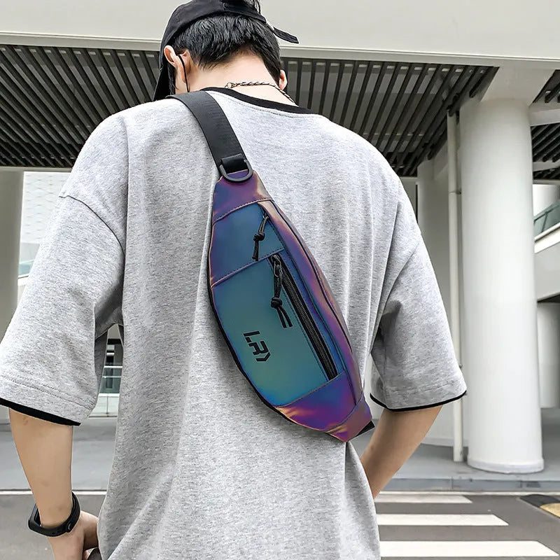 Blue reflective crossbody cycling chest bag with soft handle made from Oxford cloth.