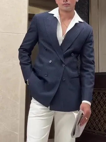 Men's classic striped double breasted blazer in regular fit on a hanger.
