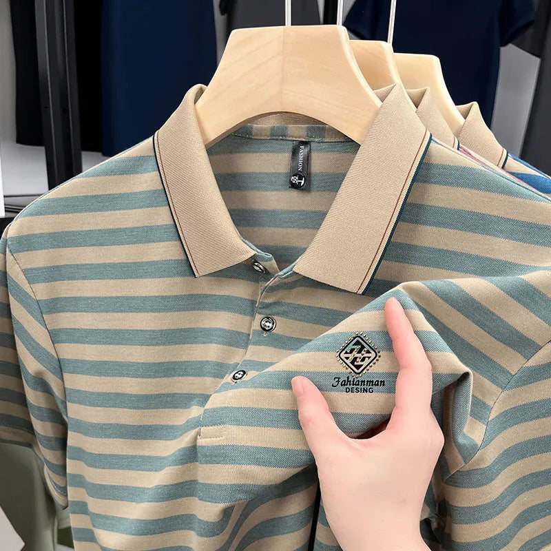 Men's striped casual short sleeve t-shirt in mosaic pattern available in red, blue, or green colours