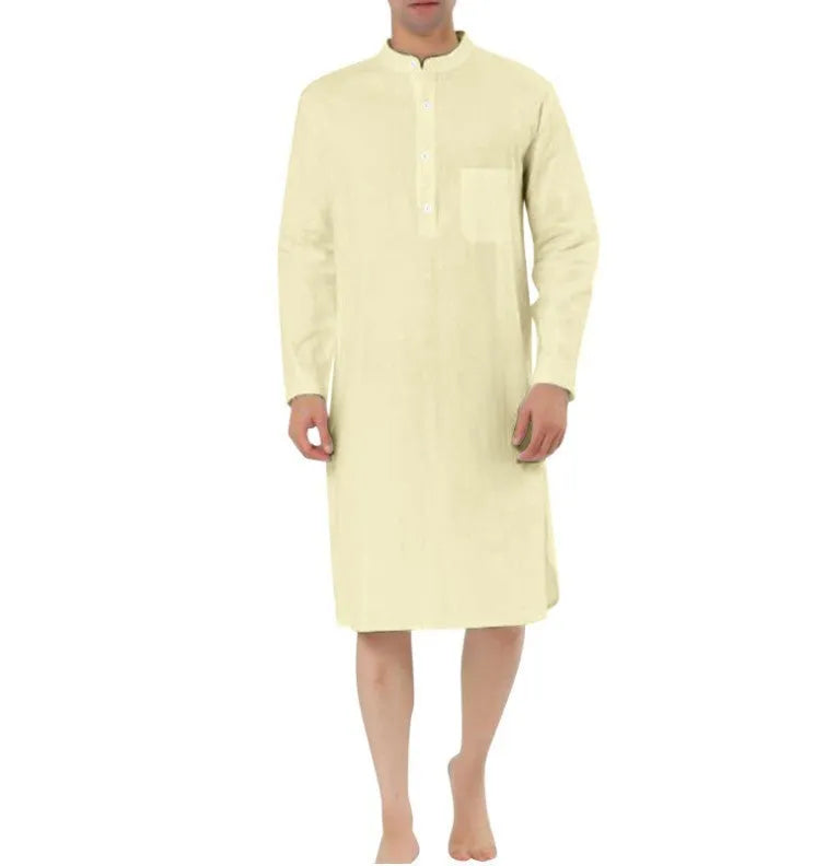 Men's button-front cotton shirt robe in light blue with side pockets on a hanger.