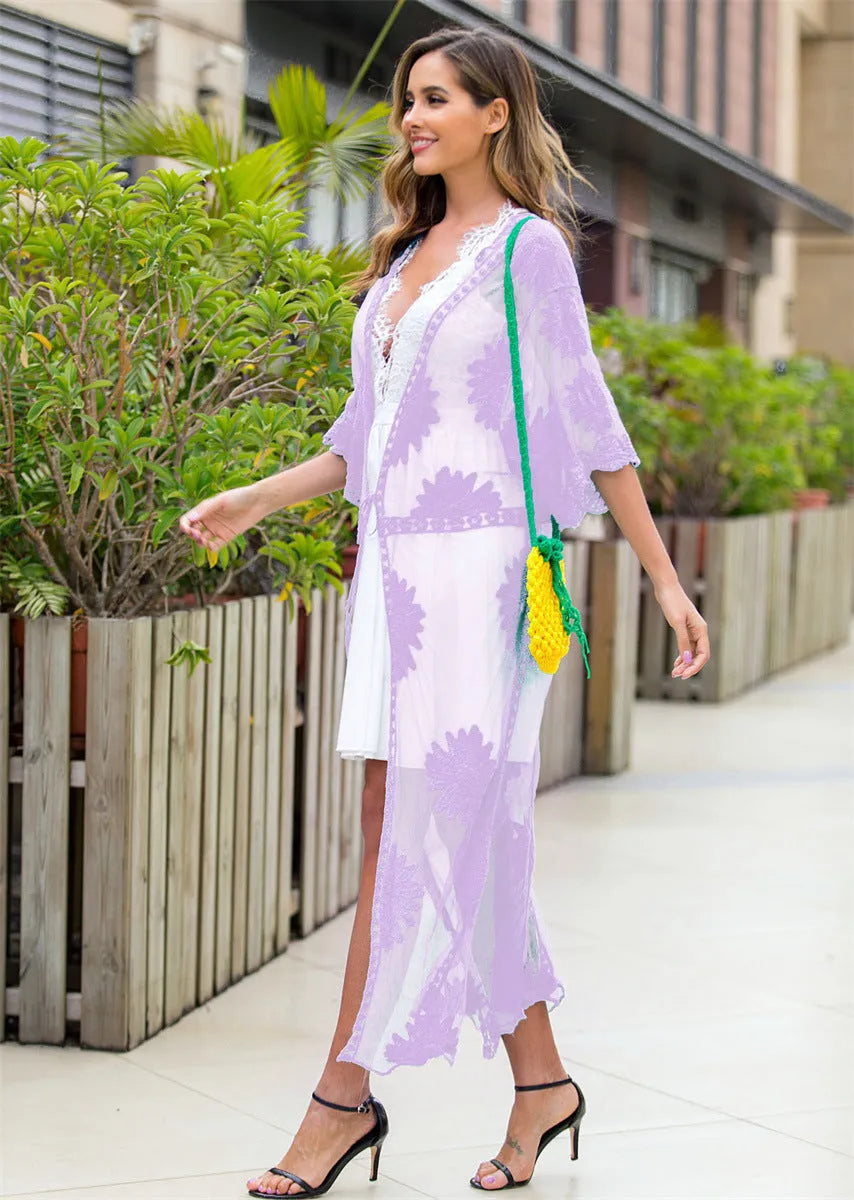 Light purple beach cover-up dress with lace embroidery details and free size fit