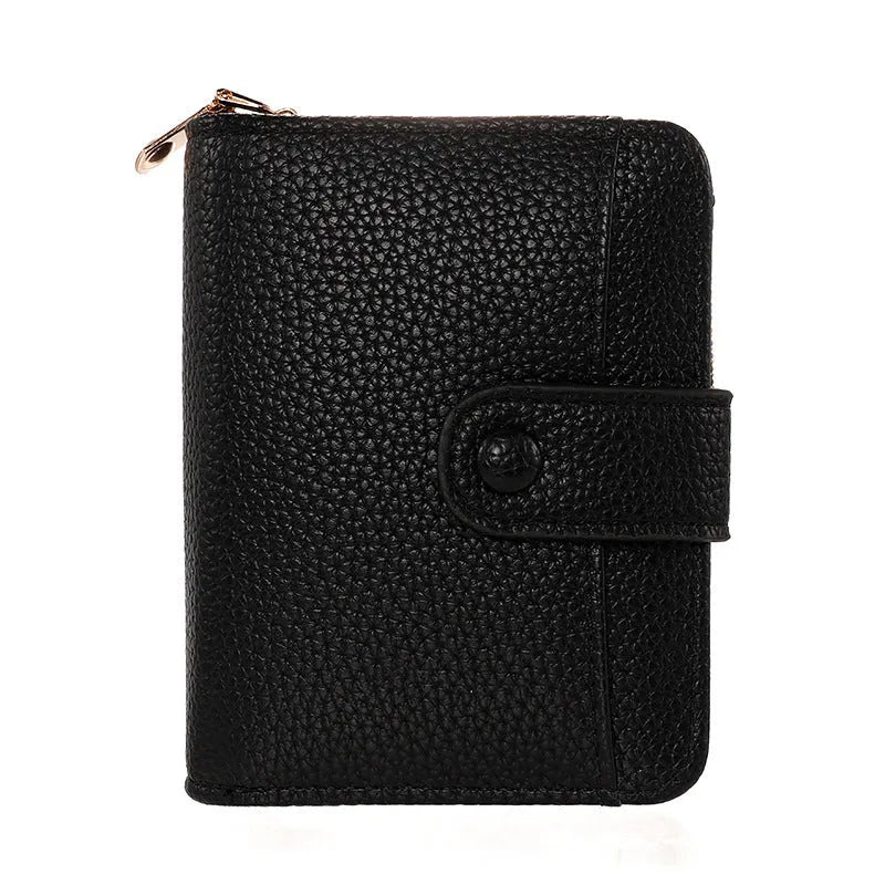 Women's Lychee pattern organ short wallet in breathable antibacterial PU, shown in beige, pink, black, and red colour options.