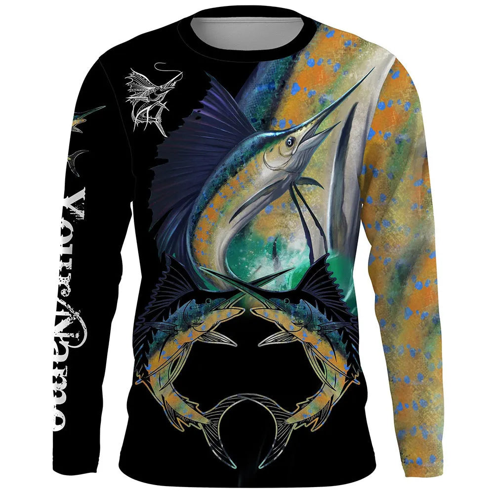 Men's grey long sleeve pullover top with an all-over colourful fish print design, round neck.