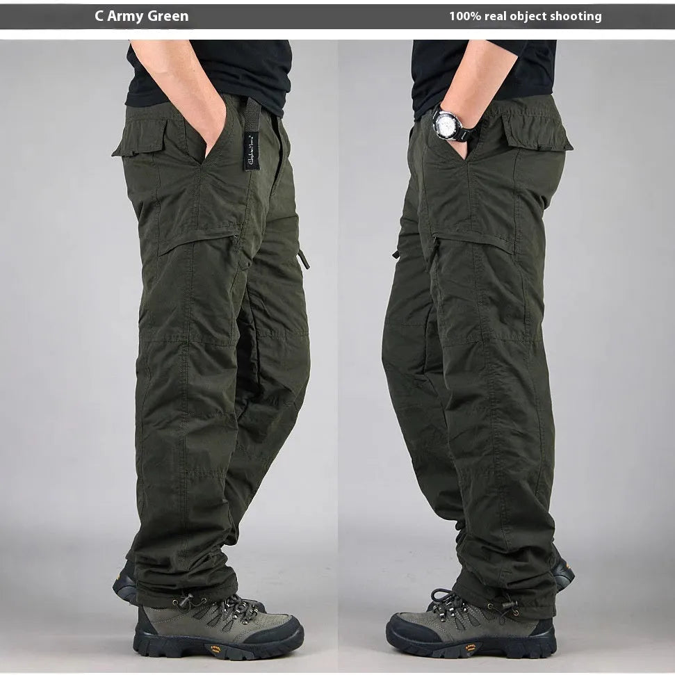Men's khaki velvet cotton overalls with a wool lining, showing loose straight-leg fit and stonewash texture.