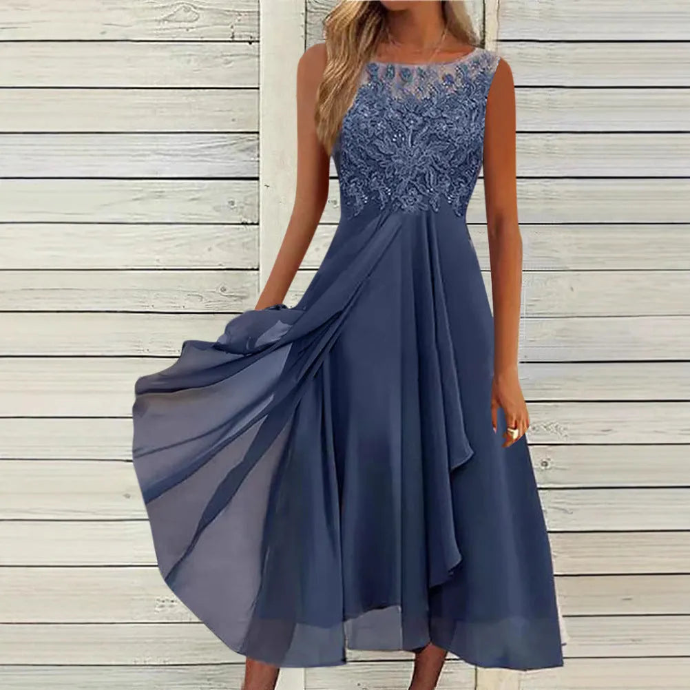 Women's sleeveless chiffon dress with lace hollow-out detail in blue, shown mid-length.