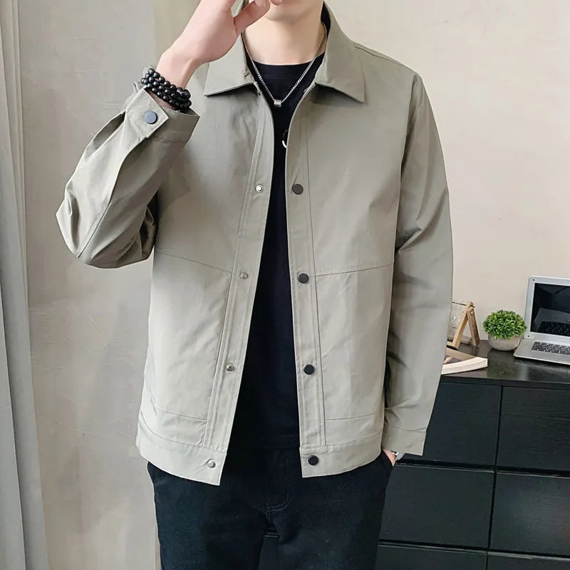 Korean style men's single-layer thin polyester jacket in light gray, shown on a model.