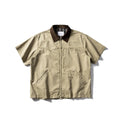 Men's loose casual short sleeve cardigan shirt in washed cotton fabric, khaki colour